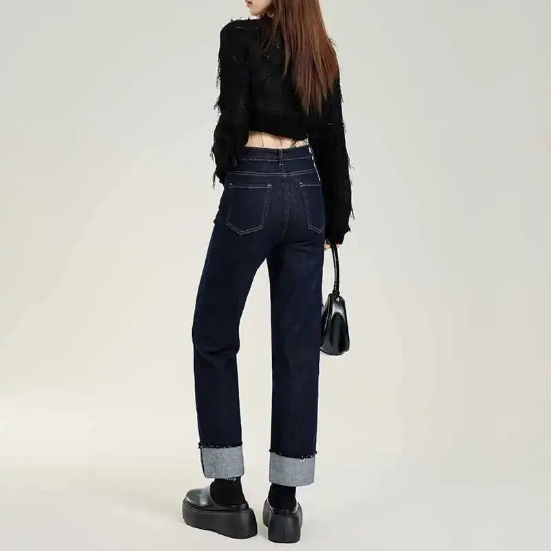 Deep Blue Straight-Leg Jeans Women's High-Waisted Slimming Petite Style Loose Fit New Arrival Autumn Collection