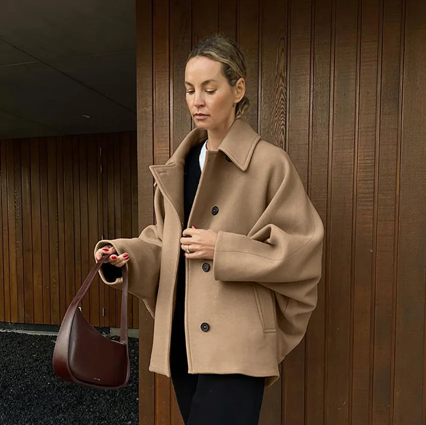 Autumnwomen Clothes Fashion Brown Wool Lapel Long Leeve Cardigan Coat Simple Commuter Casual Simple Women Warm Clothes