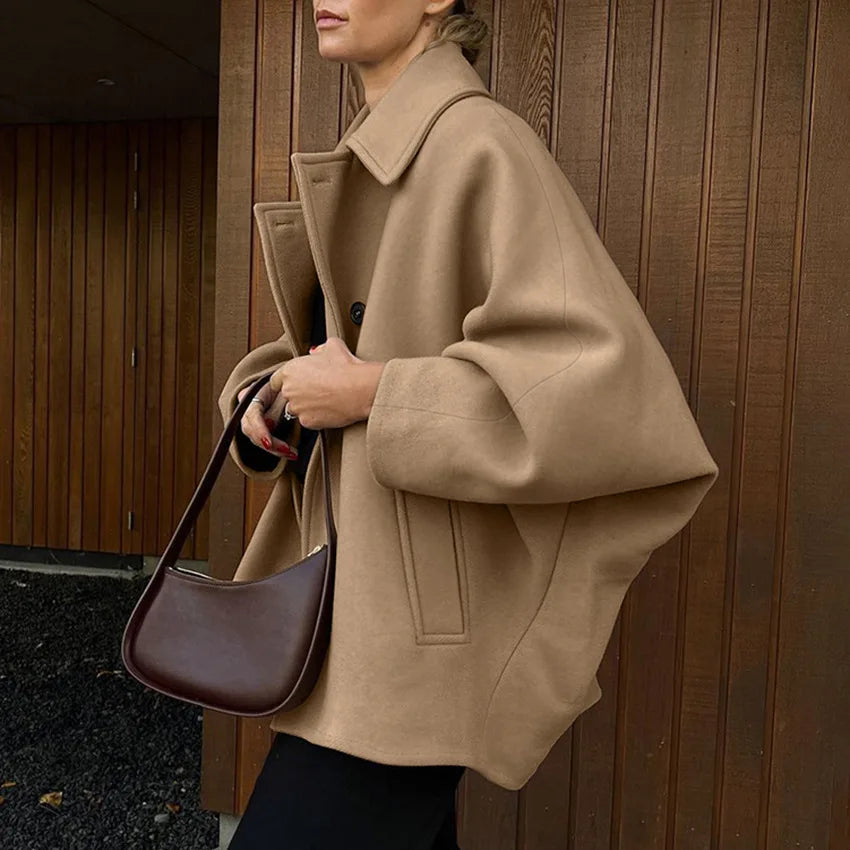 Autumnwomen Clothes Fashion Brown Wool Lapel Long Leeve Cardigan Coat Simple Commuter Casual Simple Women Warm Clothes