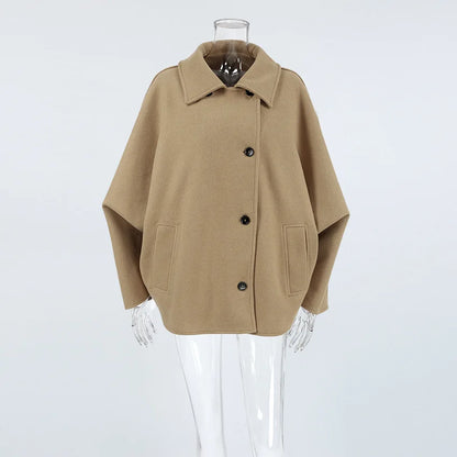 Autumnwomen Clothes Fashion Brown Wool Lapel Long Leeve Cardigan Coat Simple Commuter Casual Simple Women Warm Clothes