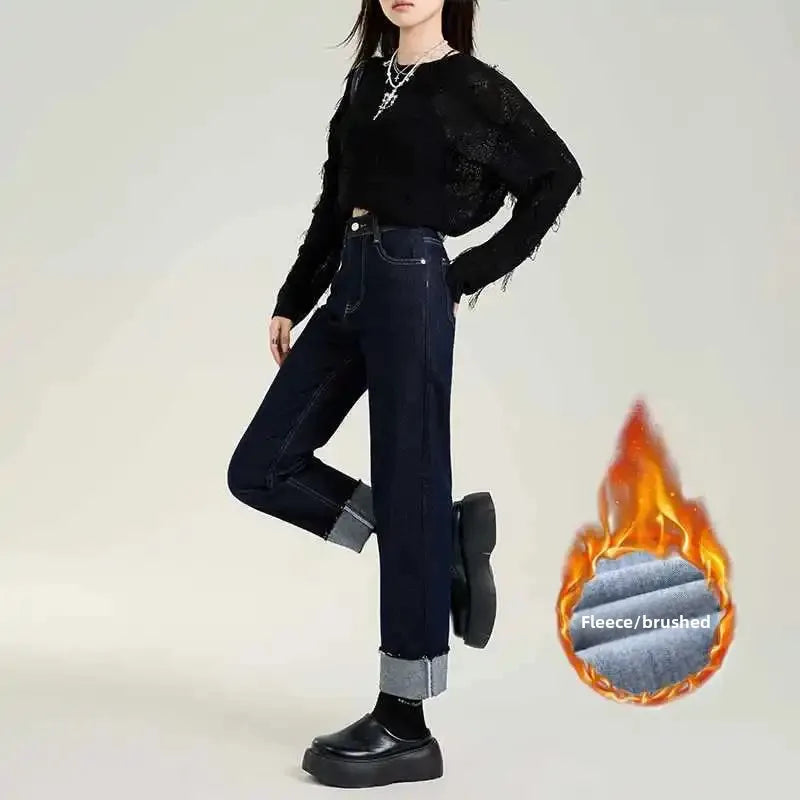 Deep Blue Straight-Leg Jeans Women's High-Waisted Slimming Petite Style Loose Fit New Arrival Autumn Collection