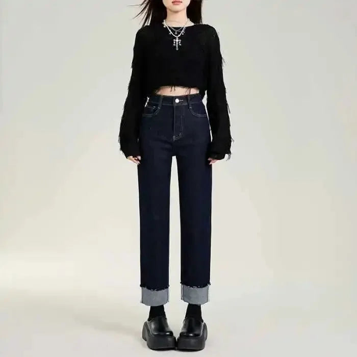 Deep Blue Straight-Leg Jeans Women's High-Waisted Slimming Petite Style Loose Fit New Arrival Autumn Collection