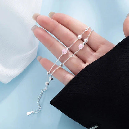 Sliver-plated Double Layer Bracelet for Women Girl Pink Cat Paw Animal Lovely Sweet Jewelry Birthday Gift