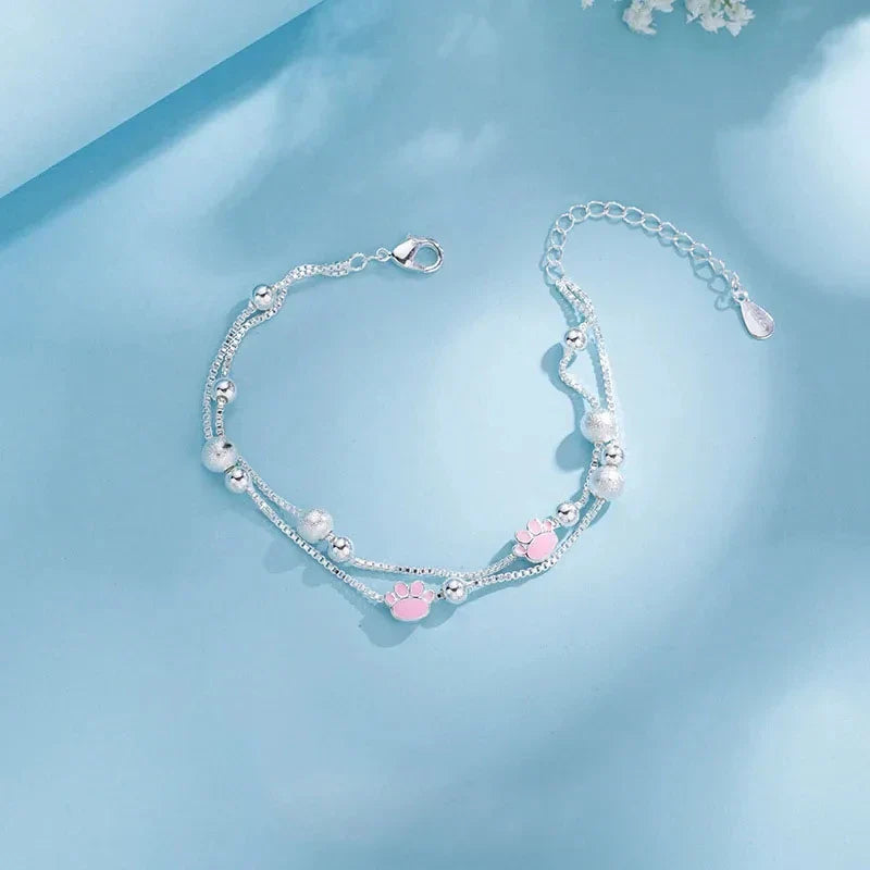 Sliver-plated Double Layer Bracelet for Women Girl Pink Cat Paw Animal Lovely Sweet Jewelry Birthday Gift