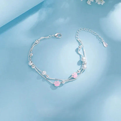 Sliver-plated Double Layer Bracelet for Women Girl Pink Cat Paw Animal Lovely Sweet Jewelry Birthday Gift