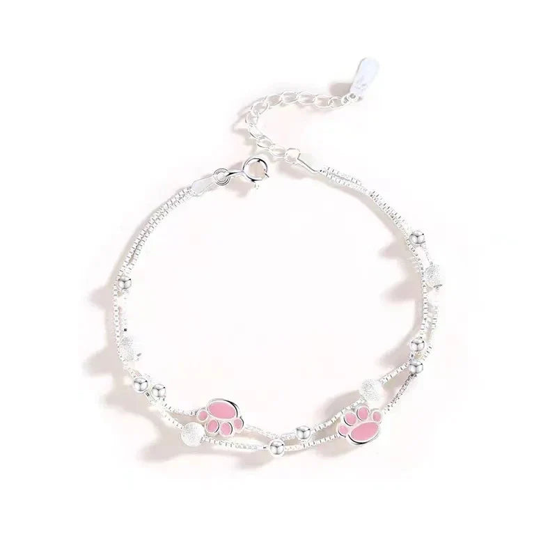 Sliver-plated Double Layer Bracelet for Women Girl Pink Cat Paw Animal Lovely Sweet Jewelry Birthday Gift