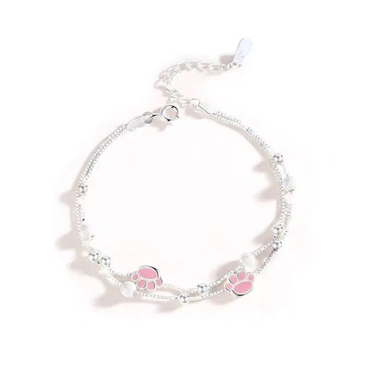 Sliver-plated Double Layer Bracelet for Women Girl Pink Cat Paw Animal Lovely Sweet Jewelry Birthday Gift
