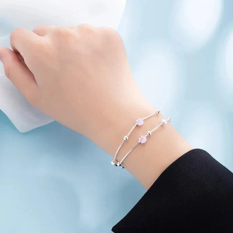 Sliver-plated Double Layer Bracelet for Women Girl Pink Cat Paw Animal Lovely Sweet Jewelry Birthday Gift