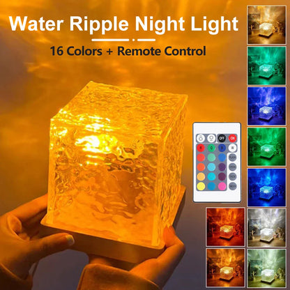 Water Ripple Cube Night Light Rotating Water Wave Night Lights Remote Control 16 Colors Crystal LED Table Lamp for Bedside ﻿
