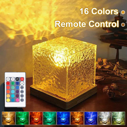 Water Ripple Cube Night Light Rotating Water Wave Night Lights Remote Control 16 Colors Crystal LED Table Lamp for Bedside ﻿