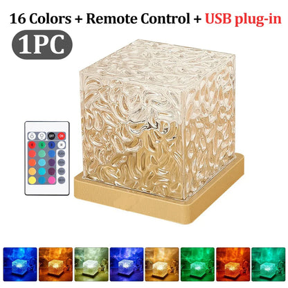 Water Ripple Cube Night Light Rotating Water Wave Night Lights Remote Control 16 Colors Crystal LED Table Lamp for Bedside ﻿