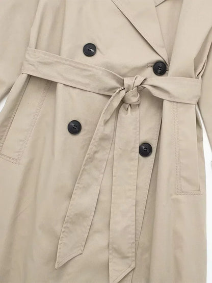 Women Fashion With Belt Solid Double Breasted Trench Vintage Lapel Neck Long Sleeves Female Chic Lady Outfits